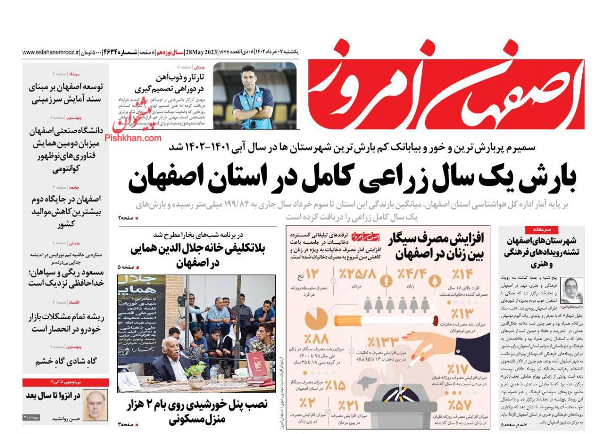 عناوین اخبار روزنامه اصفهان امروز در روز یكشنبه‌ ۷ خرداد