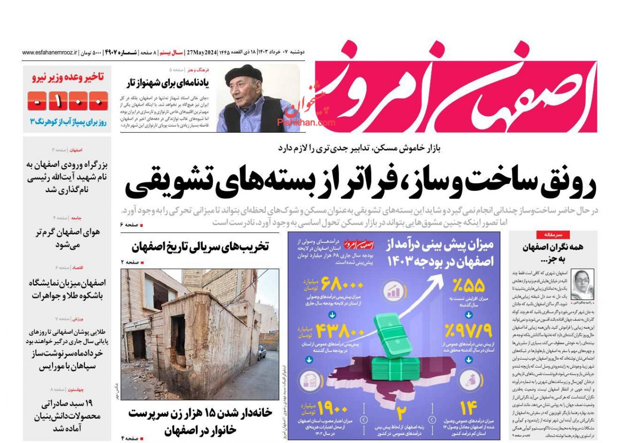 عناوین اخبار روزنامه اصفهان امروز در روز دوشنبه ۷ خرداد