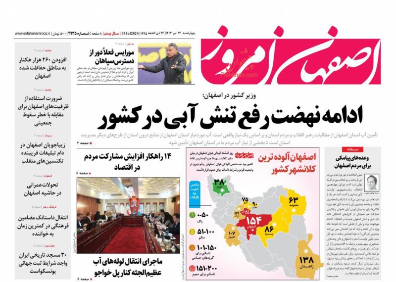 عناوین اخبار روزنامه اصفهان امروز در روز چهارشنبه ۱۳ تیر